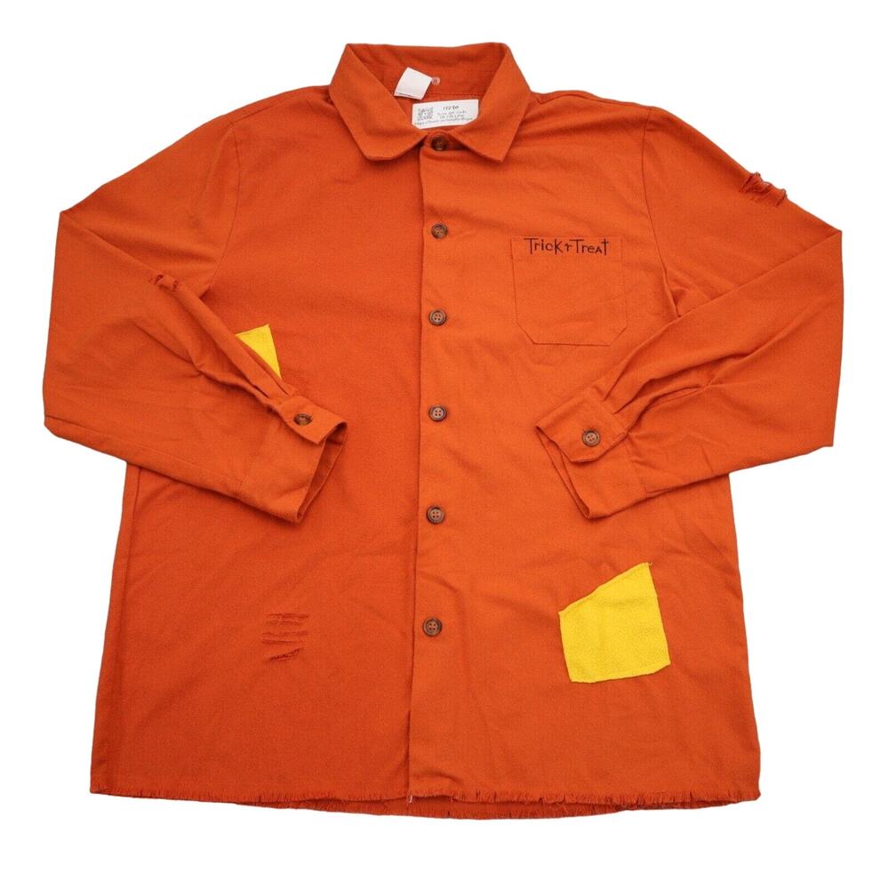 Trick r Treat Shirt Mens L Orange Distressed Button Up Long Sleeve Collared Top